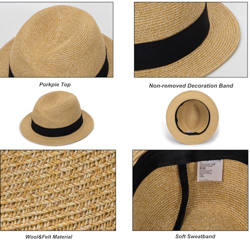 Straw Fedora-Sun-Hats for Women Men Summer Short Brim Roll Up Trilby Hat Packable Panama-Jazz Beach Hat