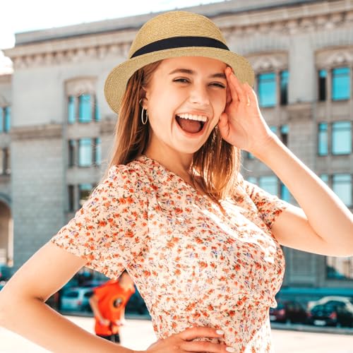 Straw Fedora-Sun-Hats for Women Men Summer Short Brim Roll Up Trilby Hat Packable Panama-Jazz Beach Hat