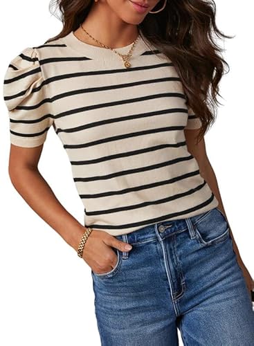 Dokotoo Women's Short Puff Sleeve Knit Tops 2024 Trendy Crewneck Striped T Shirts Casual Summer Blouses