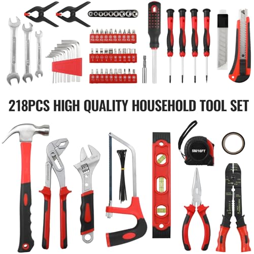 TLGREEN 218 Piece Tool Kit, Fathers Day Gifts Tool Set Mechanics Kit, Portable Tool Box Set with Saw Adjustable Wrench Drive Socket Combination Wrench, with Plastic Toolbox, for Home Apartment Garage