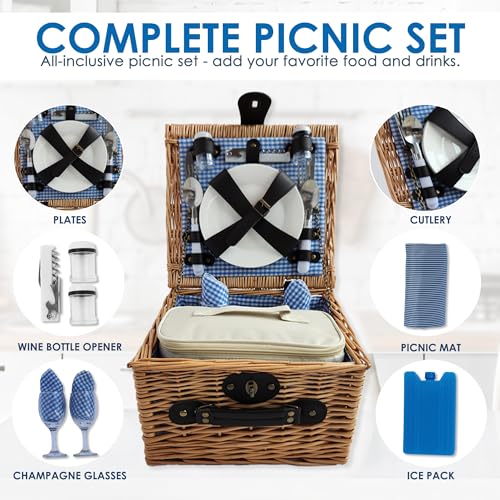 Picnic Basket Set for 2 with Insulated Liner, Waterproof Blanket, Wine Pouch, and Cutlery Service Kit - Ideal for Camping, Weddings, and Valentine's Day Gifts