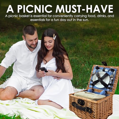 Picnic Basket Set for 2 with Insulated Liner, Waterproof Blanket, Wine Pouch, and Cutlery Service Kit - Ideal for Camping, Weddings, and Valentine's Day Gifts