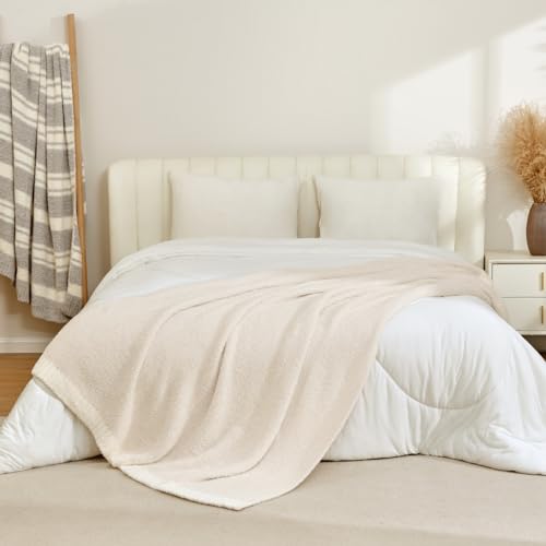 Snuggle Sac Buttery Ivory Throw Blanket for Couch, Reversible Super Soft Knitted Blankets, Warm Cozy Knit Fuzzy Plush Lightweight Throws for Sofa, Bed, Camping, Picnic, Ivory, 50 x 60 inches