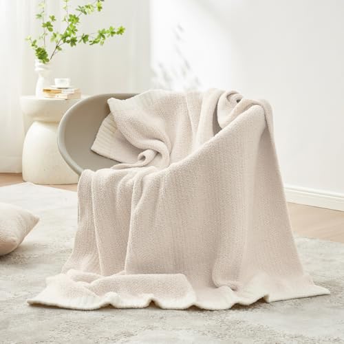 Snuggle Sac Buttery Ivory Throw Blanket for Couch, Reversible Super Soft Knitted Blankets, Warm Cozy Knit Fuzzy Plush Lightweight Throws for Sofa, Bed, Camping, Picnic, Ivory, 50 x 60 inches