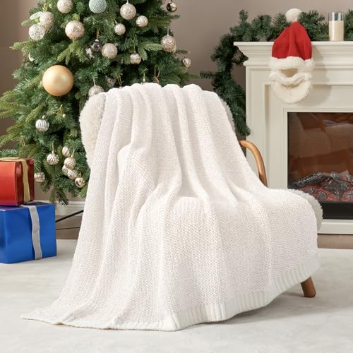 Snuggle Sac Buttery Ivory Throw Blanket for Couch, Reversible Super Soft Knitted Blankets, Warm Cozy Knit Fuzzy Plush Lightweight Throws for Sofa, Bed, Camping, Picnic, Ivory, 50 x 60 inches