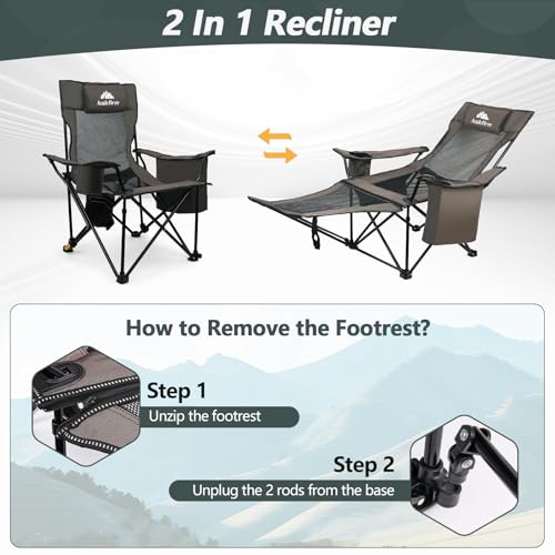 Reclining Camping Chair with Cotton Cushion,Cooler Bag,Removable Footrest Lounge Chair,Portable Adjustable Folding Camp Chairs for Adults Outdoor Sports-Support 300 LBS