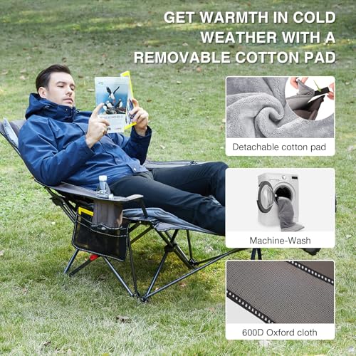 Reclining Camping Chair with Cotton Cushion,Cooler Bag,Removable Footrest Lounge Chair,Portable Adjustable Folding Camp Chairs for Adults Outdoor Sports-Support 300 LBS