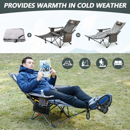 Reclining Camping Chair with Cotton Cushion,Cooler Bag,Removable Footrest Lounge Chair,Portable Adjustable Folding Camp Chairs for Adults Outdoor Sports-Support 300 LBS