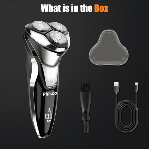 Phisco Men’s Electric Shaver: 3D Floating Heads, Dual Concave Blade Net, Auto-Grinding Blades, 9000RPM Motor for Wet/Dry Shave, IPX7 Waterproof - for Men’s Close and Safe Shaving