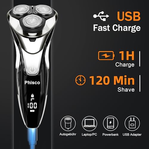 Phisco Men’s Electric Shaver: 3D Floating Heads, Dual Concave Blade Net, Auto-Grinding Blades, 9000RPM Motor for Wet/Dry Shave, IPX7 Waterproof - for Men’s Close and Safe Shaving