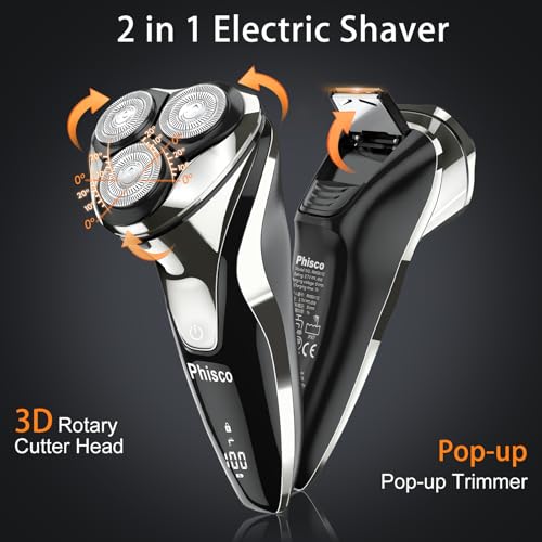 Phisco Men’s Electric Shaver: 3D Floating Heads, Dual Concave Blade Net, Auto-Grinding Blades, 9000RPM Motor for Wet/Dry Shave, IPX7 Waterproof - for Men’s Close and Safe Shaving