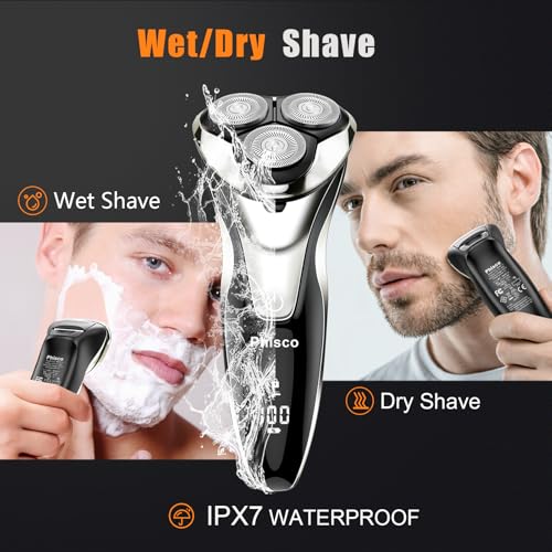 Phisco Men’s Electric Shaver: 3D Floating Heads, Dual Concave Blade Net, Auto-Grinding Blades, 9000RPM Motor for Wet/Dry Shave, IPX7 Waterproof - for Men’s Close and Safe Shaving