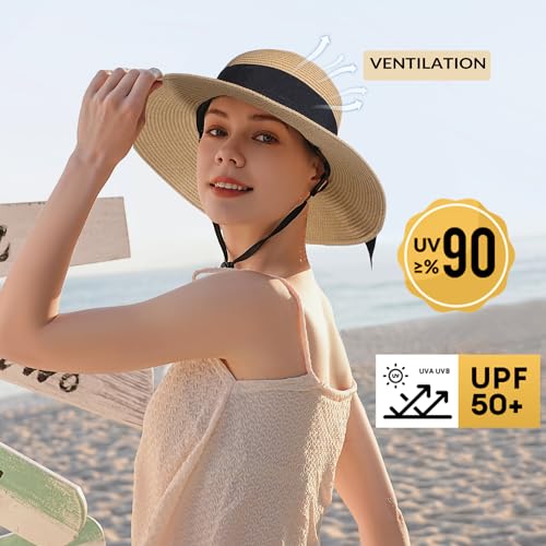 Beach Hats for Women - Wide Brim Sun Straw Hat for Women, UPF 50+ UV Sun Protection Sun Hat Womens, Floppy Sun Hat Foldable Roll up Cap, Khaki