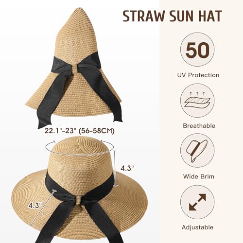 Beach Hats for Women - Wide Brim Sun Straw Hat for Women, UPF 50+ UV Sun Protection Sun Hat Womens, Floppy Sun Hat Foldable Roll up Cap, Khaki