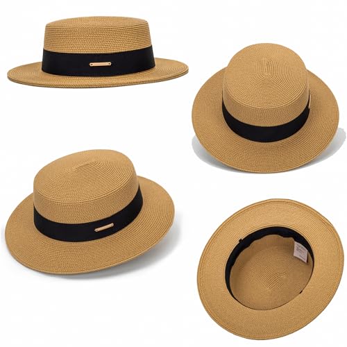 Summer Beach Boater Sun Hat for Women Flat Straw Fedora Hat