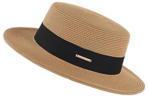 Summer Beach Boater Sun Hat for Women Flat Straw Fedora Hat