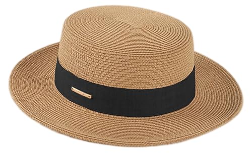 Summer Beach Boater Sun Hat for Women Flat Straw Fedora Hat