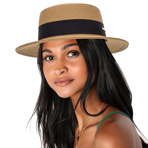 Summer Beach Boater Sun Hat for Women Flat Straw Fedora Hat