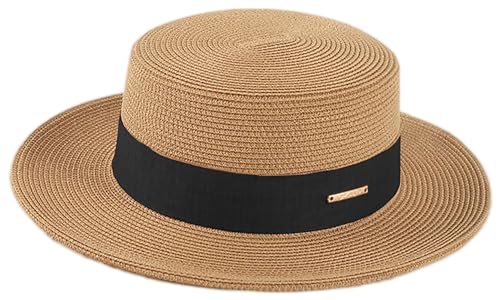 Summer Beach Boater Sun Hat for Women Flat Straw Fedora Hat