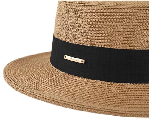 Summer Beach Boater Sun Hat for Women Flat Straw Fedora Hat