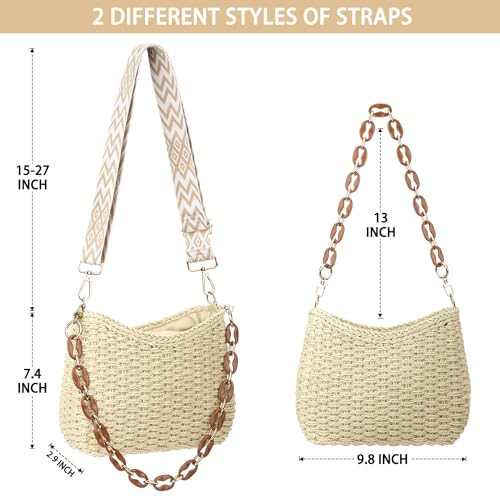 Straw Handbags Purses Crossbody Pocketbook Bag Casual Woven Beach Bags Summer Hobo Hippie Chic Tote Bags with Chain