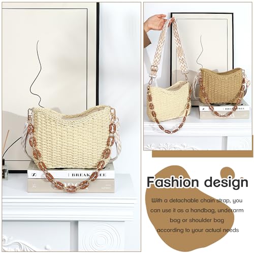 Straw Handbags Purses Crossbody Pocketbook Bag Casual Woven Beach Bags Summer Hobo Hippie Chic Tote Bags with Chain