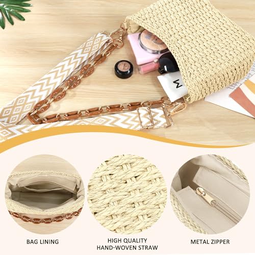 Straw Handbags Purses Crossbody Pocketbook Bag Casual Woven Beach Bags Summer Hobo Hippie Chic Tote Bags with Chain