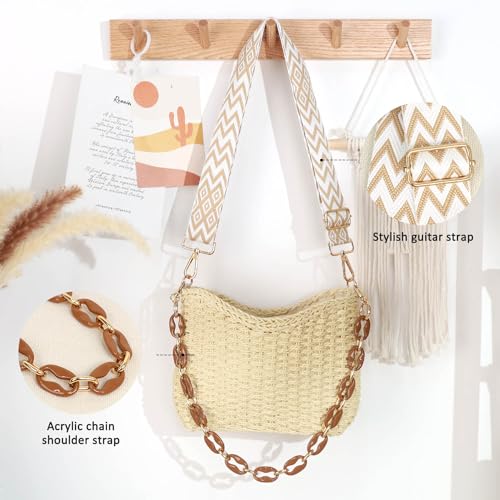 Straw Handbags Purses Crossbody Pocketbook Bag Casual Woven Beach Bags Summer Hobo Hippie Chic Tote Bags with Chain