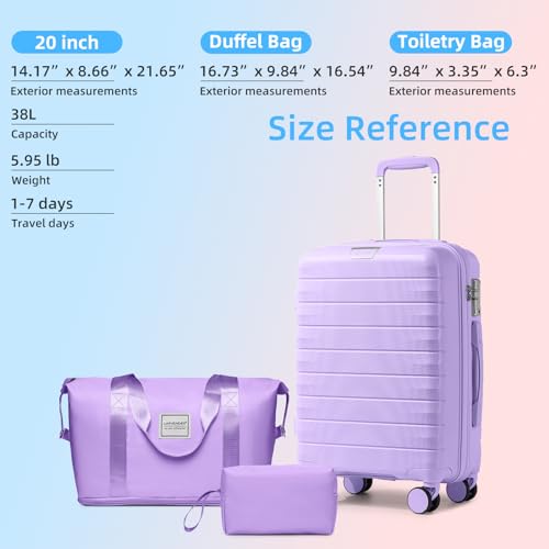 LARVENDER Luggage Sets 3 Piece with Duffel Bag Hardside PP carry on suitcase with 360° Spinner Wheels TSA Lock for Men Women, Purple