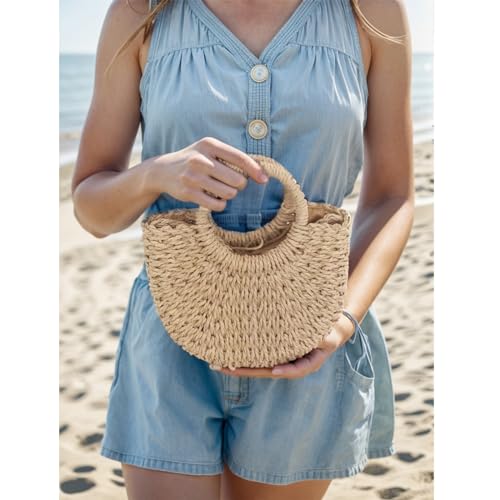 Small Straw Tote Bag for Women,Summer Beach Crossbody Shoulder Handbag,Hand-woven Rattan Clutch Purse for Vacation