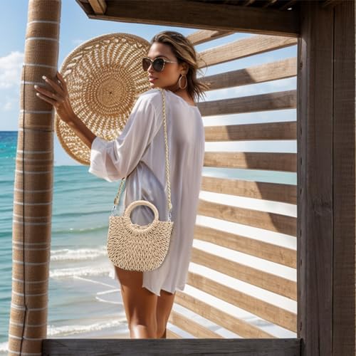 Small Straw Tote Bag for Women,Summer Beach Crossbody Shoulder Handbag,Hand-woven Rattan Clutch Purse for Vacation