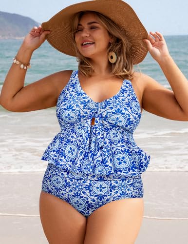 Hanna Nikole Women Plus Size 2 Piece V Neck Tie Tankini Swimsuit with Tummy Control Bikini Bottoms Bathing Suits