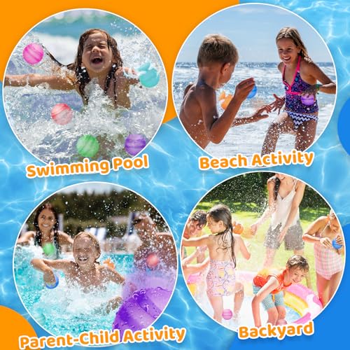 Reusable Water Balloons for Kids Adults, Refillable Summer Beach Pool Toys for 3 4 5 6 7 8 9 10 11 12 Year Old Boys Girls, Quick Fill Self-Sealing Outdoor Backyard Activities Games for Fun (6 Pcs)