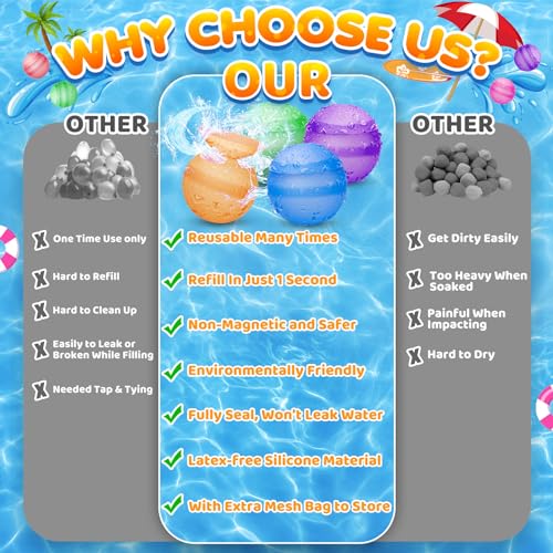 Reusable Water Balloons for Kids Adults, Refillable Summer Beach Pool Toys for 3 4 5 6 7 8 9 10 11 12 Year Old Boys Girls, Quick Fill Self-Sealing Outdoor Backyard Activities Games for Fun (6 Pcs)