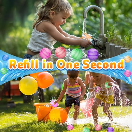 Reusable Water Balloons for Kids Adults, Refillable Summer Beach Pool Toys for 3 4 5 6 7 8 9 10 11 12 Year Old Boys Girls, Quick Fill Self-Sealing Outdoor Backyard Activities Games for Fun (6 Pcs)