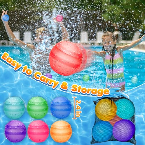 Reusable Water Balloons for Kids Adults, Refillable Summer Beach Pool Toys for 3 4 5 6 7 8 9 10 11 12 Year Old Boys Girls, Quick Fill Self-Sealing Outdoor Backyard Activities Games for Fun (6 Pcs)