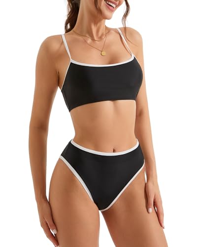 SUUKSESS Women High Waisted 2 Piece Bikini Set Cheeky High Cut Bandeau Swimsuit