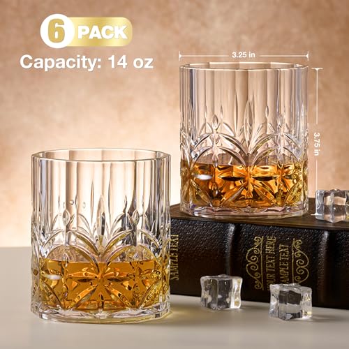 Unbreakable Tritan Plastic Whiskey Glasses Set of 6, 14 Oz Old Fashioned Glasses for Scotch Cocktail Rum Bourbon Vodka Liquor, Unique Gifts for Men, Reusable, Clear, BPA-free, Dishwasher Safe