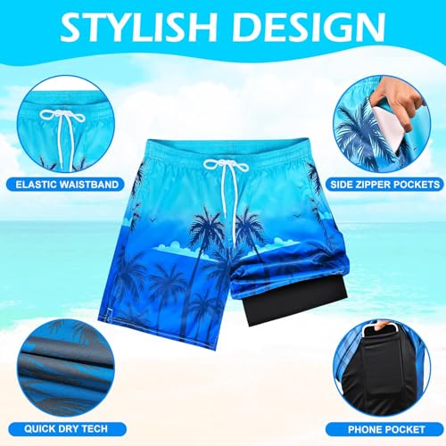 Men's Swim Trunks with Compression Liner Board Beach Shorts Quick Dry Swim Shorts Bathing Suits with Zipper Pock