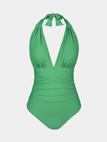 CUPSHE Women V Neck One Piece Swimsuit Halter Backless Ruched Tummy Control Bathing Suit