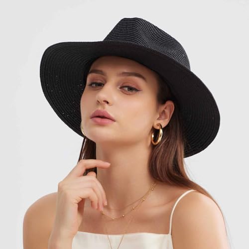 3PCS Womens Wide Brim Beach Hat Roll up Panama Straw Sun Hat Fedora Summer UV Protection Floppy Hat (Black+Brown+Beige)