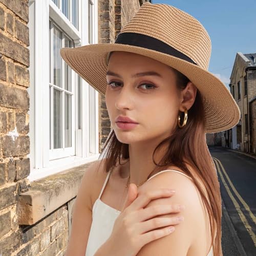 3PCS Womens Wide Brim Beach Hat Roll up Panama Straw Sun Hat Fedora Summer UV Protection Floppy Hat (Black+Brown+Beige)