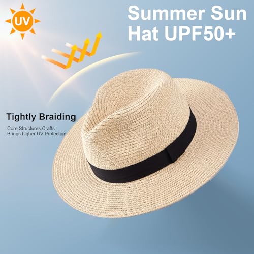 3PCS Womens Wide Brim Beach Hat Roll up Panama Straw Sun Hat Fedora Summer UV Protection Floppy Hat (Black+Brown+Beige)