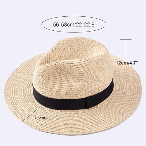 3PCS Womens Wide Brim Beach Hat Roll up Panama Straw Sun Hat Fedora Summer UV Protection Floppy Hat (Black+Brown+Beige)