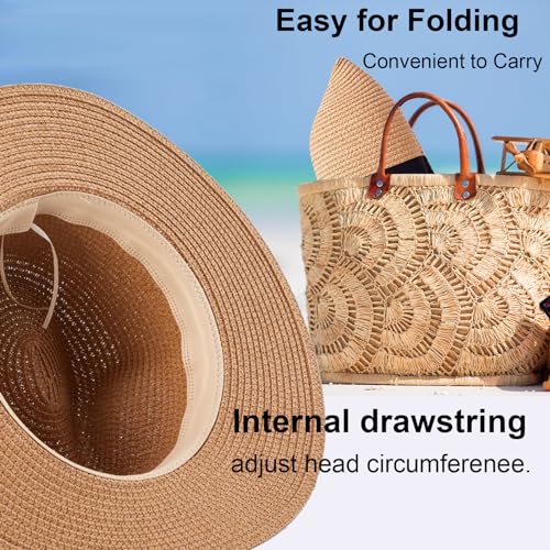 3PCS Womens Wide Brim Beach Hat Roll up Panama Straw Sun Hat Fedora Summer UV Protection Floppy Hat (Black+Brown+Beige)