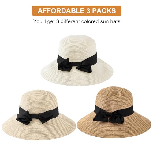 3PCS Sun Hat Beach Straw Hat for Women Wide Brim Foldable Roll up Summer UPF 50+ Hat (Ivory+Brown+Beige)