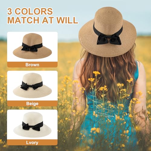 3PCS Sun Hat Beach Straw Hat for Women Wide Brim Foldable Roll up Summer UPF 50+ Hat (Ivory+Brown+Beige)