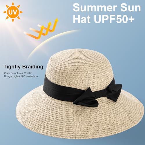 3PCS Sun Hat Beach Straw Hat for Women Wide Brim Foldable Roll up Summer UPF 50+ Hat (Ivory+Brown+Beige)