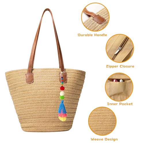 Trifabricy Beach Bag, Large Beach Bag for Women, Woven Straw Beach Tote Bag Waterproof, Weaving Swim Shopping Travel Bag