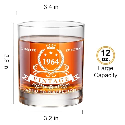 LIGHTEN LIFE 60th Birthday Gifts for Men,1964 Whiskey Glass Set in Barrel Box,60 Years Old Gifts,60th Birthday Gift Ideas,1964 Birthday Gifts for Dad Husband,60th Birthday Decorations for Men